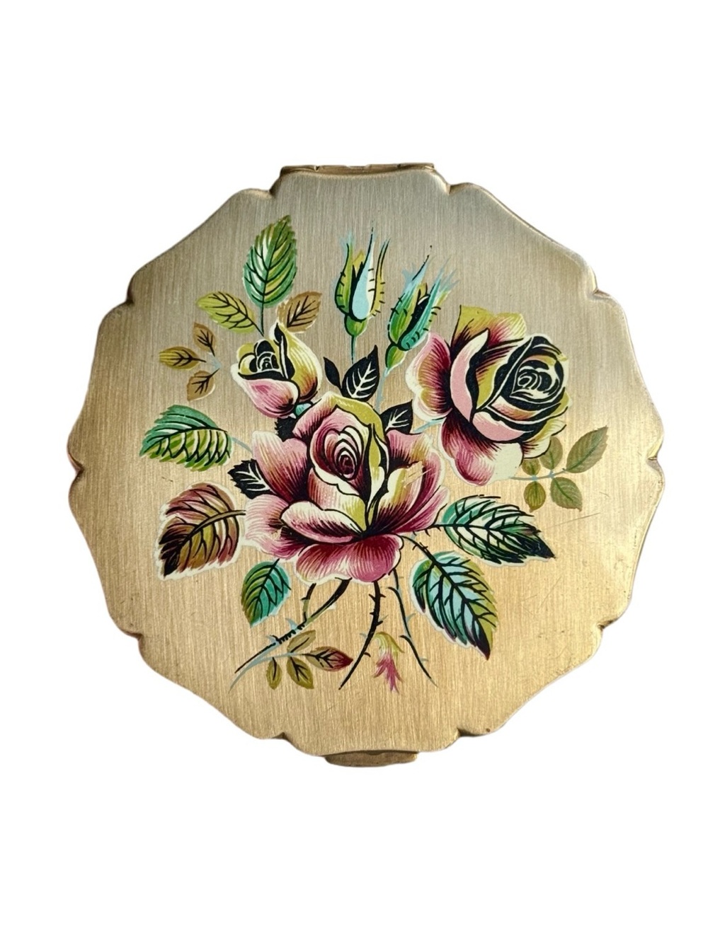 Vintage Mid Century Stratton Rose Floral Bouquet Gold Tone Round Compact